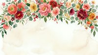 Vibrant floral arrangement with roses, peonies, and ranunculus in coral, pink, red, and gold tones on cream background for wedding invitations and greeting cards.