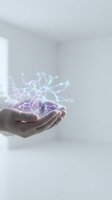 Hands holding glowing network connections with purple and blue light effects representing digital connectivity and technology innovation concepts.
