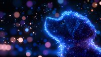 Magical glowing dog silhouette with sparkles and bokeh lights against dark background, blue and purple neon colors create mystical atmosphere for fantasy designs.