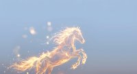 Fiery horse leaping through flames with glowing sparks and ethereal light effects on gradient background for fantasy and magical design projects.