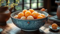Fresh orange cherry tomatoes in decorative ceramic bowl on wooden table with natural lighting for healthy cooking and food photography.