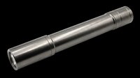 Stainless steel flashlight with cylindrical body and adjustable focus lens, isolated on transparent background. Ready for clipart, product design, print-on-demand, and sublimation projects.