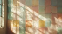 Sunlight casting soft shadows through window onto pastel ceramic tile wall creating geometric pattern with mint green, peach and yellow squares.