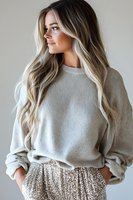 Young Caucasian woman with long wavy blonde balayage hair wearing casual grey sweater and sequin shorts, looking to side against light background.