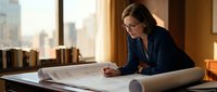 Professional female architect reviewing architectural blueprints at office desk with city view background for construction and engineering projects.