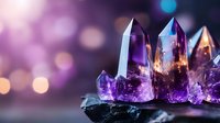 Purple amethyst crystal cluster with prismatic points on dark surface with bokeh lights background for spiritual healing meditation decor.