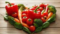 Fresh organic vegetables arranged in heart shape on wooden background with red bell peppers tomatoes broccoli carrots and leafy greens for healthy eating.