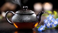 Glass teapot with freshly brewed hot tea steaming on dark background with blue spring flowers creating cozy atmosphere for tea ceremony.