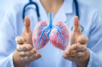 Doctor holding holographic lungs visualization showing detailed bronchial tree and pulmonary vessels in blue and red colors for medical education and healthcare.