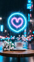 Glowing neon heart sign illuminates rainy window with coffee cup and white tulips on wooden table, creating romantic atmosphere with blue and pink bokeh lights.
