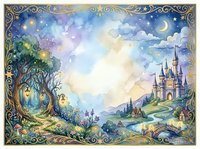 Enchanted fairy tale landscape with magical castle, mystical tree house, crescent moon and stars in ornate golden frame for fantasy storytelling designs.