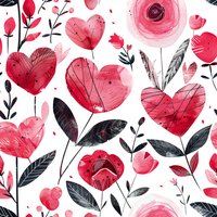 Romantic seamless pattern with watercolor heart-shaped flowers in red and pink tones, black leaves, and delicate floral elements perfect for Valentine's Day designs, wedding stationery, and gift wrap.