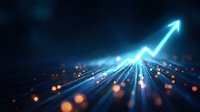 Glowing blue arrow chart rising upward with blurred orange light effects on dark background, representing business growth and financial success.
