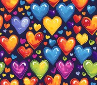 Vibrant multicolored heart pattern with glossy bubble-like hearts in blue, orange, red, yellow, green and pink on dark background. Seamless repeat design for fabric and wrap.