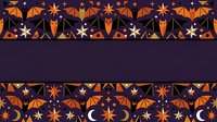 Celestial seamless pattern with orange and white stars, moons, and geometric shapes on dark purple background, tiles continuously for fabric, wallpaper, and textile design projects.