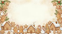 Gingerbread houses, cookies, and snowman arranged on cream background with festive greenery and snowflakes, ideal for holiday cards and seasonal designs.