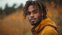 Young African American man with dreadlocks wearing orange hoodie looking confidently at camera during golden hour outdoor portrait session.