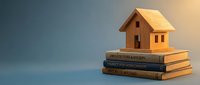 Wooden house model sitting on stack of law books representing real estate legal concepts, property law education, and housing regulations for legal professionals.