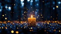 Glowing candle surrounded by magical sparkles and bokeh lights on dark blue background creates atmospheric holiday mood for spiritual designs.