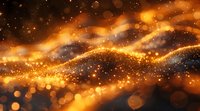 Abstract golden waves of light and glowing particles flow across dark background creating magical atmosphere with bokeh effect and sparkles.