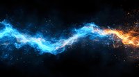 Cosmic energy wave with contrasting blue and orange flames flowing through dark space, creating dynamic motion effect against starry background. Suitable for sci-fi designs.