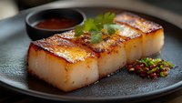 Pan-seared scallops with caramelized golden crust served on dark plate with spicy sauce, fresh herbs and chili garnish. Luxury seafood dining presentation.
