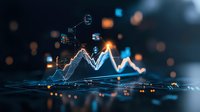 Futuristic financial graph with glowing blue line chart showing market data analysis on dark background with bokeh light effects and digital elements.