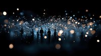 Silhouettes of people against magical night sky with glowing bokeh lights and sparkles creating dreamy atmospheric scene. Dark blue background with floating luminous orbs.