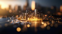 Glowing golden cityscape with modern skyscrapers reflecting on water surface at sunset, illuminated urban skyline with bokeh light effects and digital network connections.