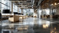 Modern open office space with glass partitions, wooden desks, computers and industrial ceiling design for contemporary workplace concepts.