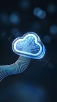 Glowing neon cloud with circuit board pattern and flowing digital lines on dark blue background, representing cloud computing, data storage, and network technology concepts.