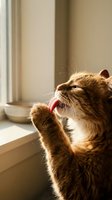Orange tabby cat yawning and stretching paws in warm sunlight by window, displaying natural feline behavior and relaxation at home.