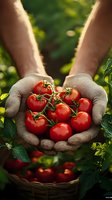 Gardener's soil-covered hands holding fresh ripe cherry tomatoes on vine against green garden background, organic harvest concept for farm-to-table marketing.