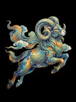 Ornate mythical goat creature with elaborate horns and flowing mane in blue, gold, and green tones, isolated on transparent background. Ready for t-shirts, stickers, clipart, and print-on-demand designs.