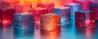Glowing metallic cubes with reflective surfaces arranged in row on dark surface with dramatic red and blue lighting creating futuristic atmosphere.