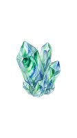 Watercolor illustration of green and blue crystal cluster isolated on white background, suitable for design projects, t-shirts, and clipart applications.