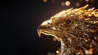 Majestic golden eagle head in profile against dark background with glowing bokeh lights, detailed metallic feathers and sharp curved beak catching warm light.