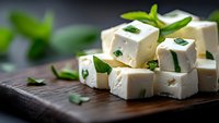 Fresh feta cheese cubes garnished with green herbs and mint leaves on dark wooden cutting board, close up view with selective focus and copy space.