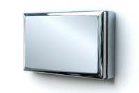 Sleek rectangular chrome metal frame with reflective mirror surface mounted on white wall, modern minimalist design suitable for bathroom and interior decor.