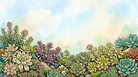Succulent plants and flowering herbs arranged in a lush garden border with watercolor sky background, suitable for botanical designs and nature-themed projects.