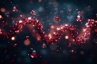 Red glowing particles forming wave pattern against dark background with bokeh light effects and floating crystalline shapes in cosmic atmosphere.
