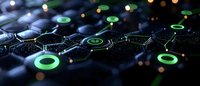 Futuristic network visualization with glowing green circles connected by digital pathways against dark background with bokeh lights, representing data flow.