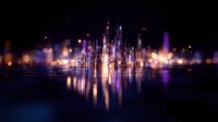 Glowing futuristic cityscape reflected in water at night with vibrant purple and orange bokeh lights creating magical urban skyline atmosphere.