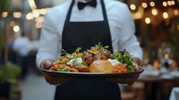 Professional chef in black apron and bow tie presenting gourmet platter with roasted meat and vegetables in upscale restaurant with warm bokeh lighting atmosphere.