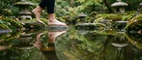 Barefoot person stepping on mossy stones over a calm reflective pond in a serene Japanese garden with stone lanterns and lush greenery.