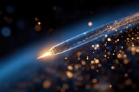 Glowing fountain pen nib in dramatic lighting with golden bokeh particles against dark blue background, creating magical writing atmosphere for creative inspiration.