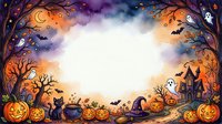 Halloween watercolor frame with pumpkins, black cat, ghosts, haunted house, bats, and witch hat, forming a spooky border with white copy space center.