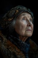 Elderly woman with striking blue eyes wearing ornate beaded headpiece and fur collar against dark background, gazing upward with contemplative expression.