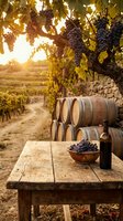 Rustic vineyard scene with ripe grapes hanging from vines, wooden wine barrels and harvest table at golden sunset for winery marketing and agricultural content.