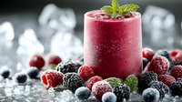 Fresh mixed berry smoothie with mint garnish surrounded by raspberries, blackberries and blueberries on rustic wooden surface for healthy lifestyle content.
